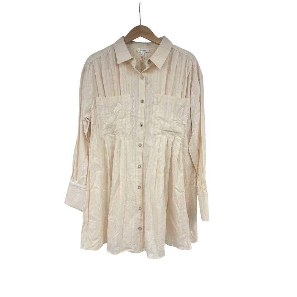 Umgee USA Button Front Cream Beige 100% Cotton Pintuck Tunic Length Top Womens S